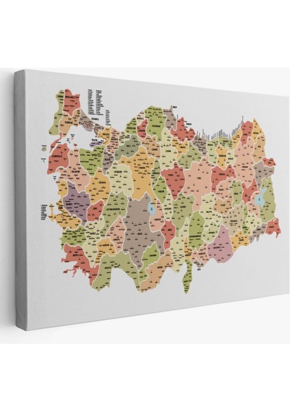 Eğitici Il ve Ilçe Detaylı Türkiye Haritası, Harita Dekoratif Kanvas Tablo, Duvar Dekoru 3045