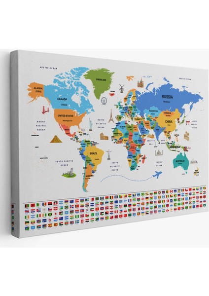 Ülke Başkentli ve Bayraklı Ingilizce Dünya Haritası Dekoratif Kanvas Tablo, Duvar Dekoru 1967