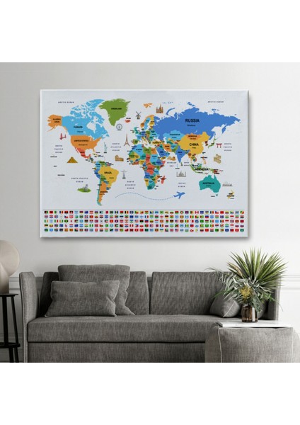 Ülke Başkentli ve Bayraklı Ingilizce Dünya Haritası Dekoratif Kanvas Tablo, Duvar Dekoru 1967 fiyatları