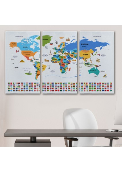 Ülke Başkentli ve Bayraklı Ingilizce Dünya Haritası Dekoratif Kanvas Tablo, Duvar Dekoru 1967 modelleri