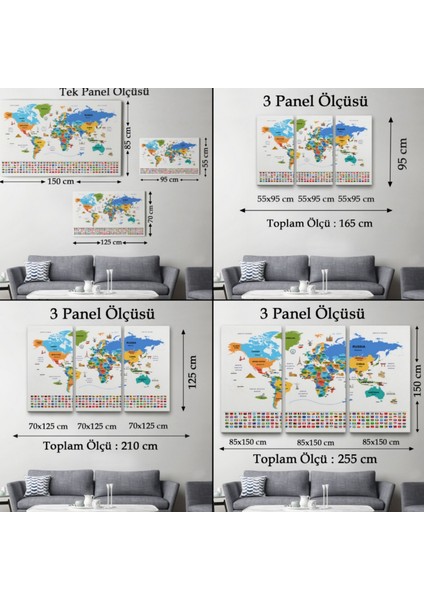 Ülke Başkentli ve Bayraklı Ingilizce Dünya Haritası Dekoratif Kanvas Tablo, Duvar Dekoru 1967 fırsatları