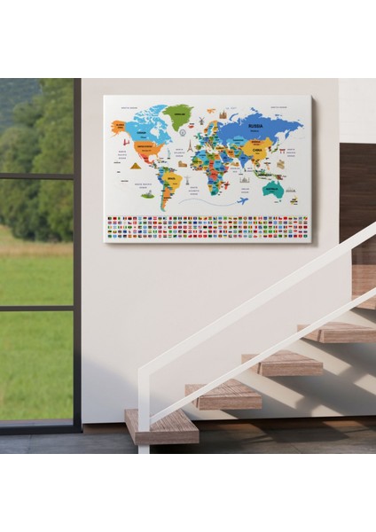 Ülke Başkentli ve Bayraklı Ingilizce Dünya Haritası Dekoratif Kanvas Tablo, Duvar Dekoru 1967 indirimleri