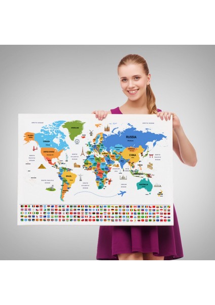 Ülke Başkentli ve Bayraklı Ingilizce Dünya Haritası Dekoratif Kanvas Tablo, Duvar Dekoru 1967