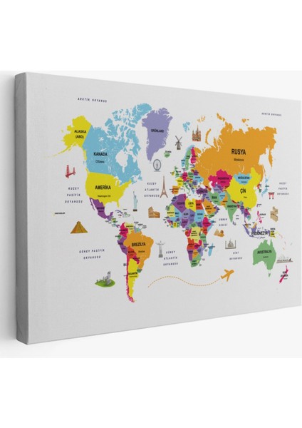 Ülke Başkentli Sembollü Eğitici Türkçe Dünya Haritası Dekoratif Kanvas Tablo, Duvar Dekoru 2280