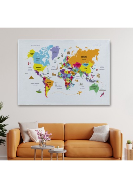 Ülke Başkentli Sembollü Eğitici Türkçe Dünya Haritası Dekoratif Kanvas Tablo, Duvar Dekoru 2280 fiyatları