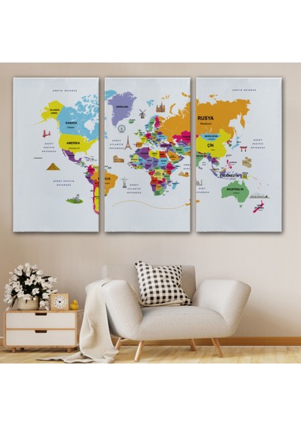 Ülke Başkentli Sembollü Eğitici Türkçe Dünya Haritası Dekoratif Kanvas Tablo, Duvar Dekoru 2280 modelleri