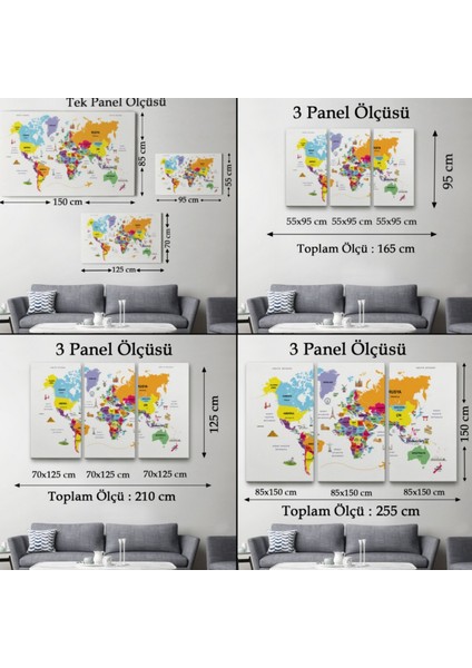 Ülke Başkentli Sembollü Eğitici Türkçe Dünya Haritası Dekoratif Kanvas Tablo, Duvar Dekoru 2280 fırsatları