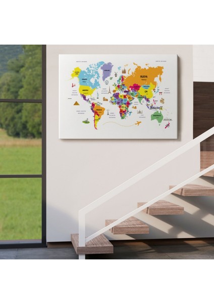 Ülke Başkentli Sembollü Eğitici Türkçe Dünya Haritası Dekoratif Kanvas Tablo, Duvar Dekoru 2280 indirimleri
