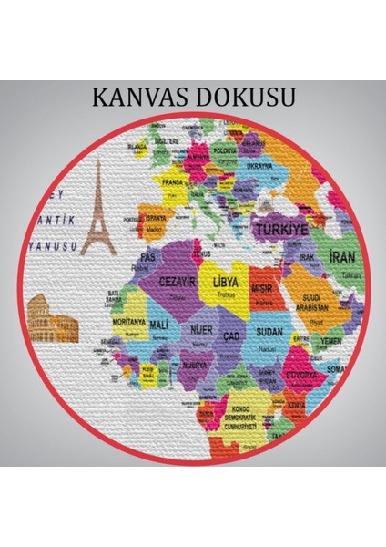 Ülke Başkentli Sembollü Eğitici Türkçe Dünya Haritası Dekoratif Kanvas Tablo, Duvar Dekoru 2280