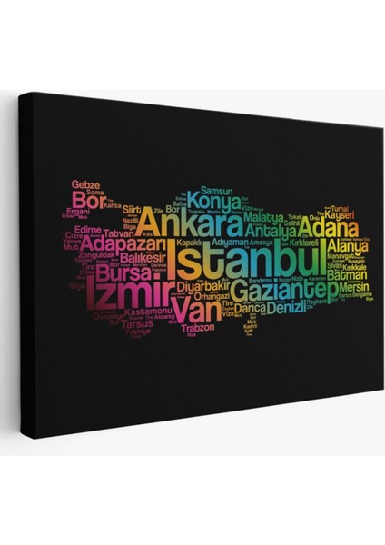 Siyah Zemin Iller ve Ilçeler Türkiye Haritası Renkli Dekoratif Kanvas Tablo, Duvar Dekoru 1016