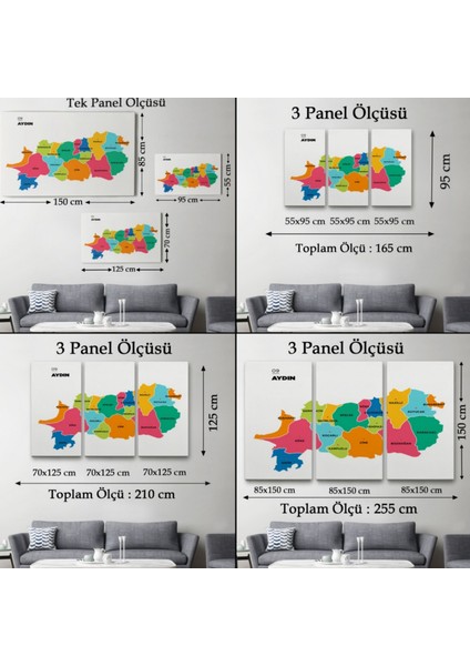 Il ve Ilçeler Haritası Aydın, Modern Dekoratif Kanvas Tablo, Duvar Dekoru 1276 modelleri