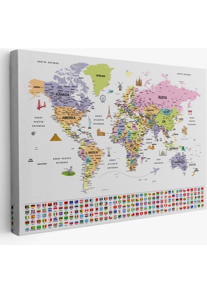 Detaylı Sembollü Bayraklı Türkçe Dünya Haritası Dekoratif Kanvas Tablo, Duvar Dekoru 2846