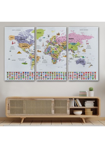 Detaylı Sembollü Bayraklı Türkçe Dünya Haritası Dekoratif Kanvas Tablo, Duvar Dekoru 2846 modelleri