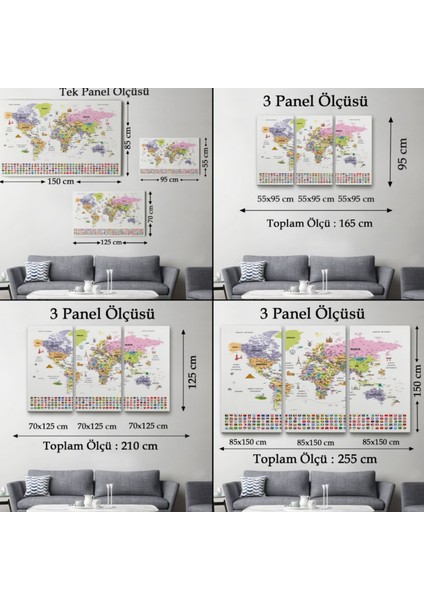 Detaylı Sembollü Bayraklı Türkçe Dünya Haritası Dekoratif Kanvas Tablo, Duvar Dekoru 2846 fırsatları