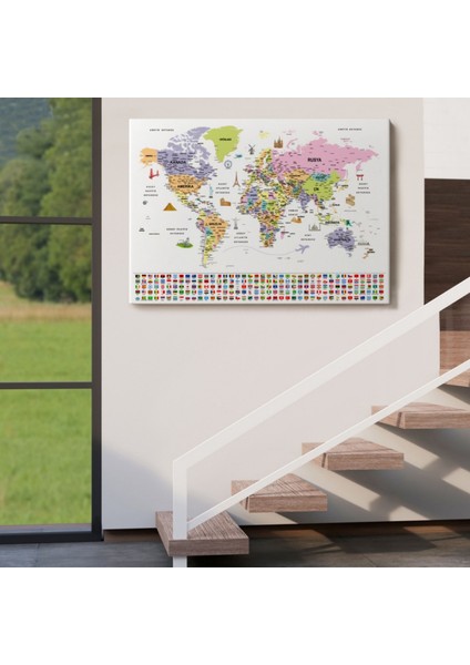 Detaylı Sembollü Bayraklı Türkçe Dünya Haritası Dekoratif Kanvas Tablo, Duvar Dekoru 2846 indirimleri