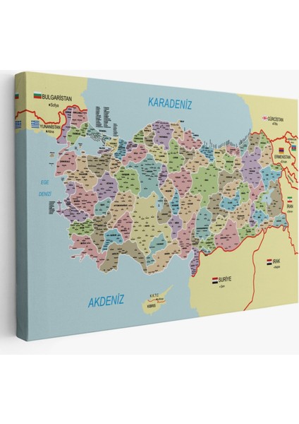 Komşulu Il ve Ilçe Detaylı Türkiye Haritası, Harita Dekoratif Kanvas Tablo, Duvar Dekoru 3016