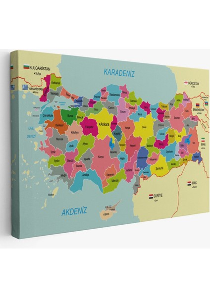 Eğitici Sınır Komşulu Türkiye Haritası, Harita Dekoratif Kanvas Tablo, Duvar Dekoru 3080