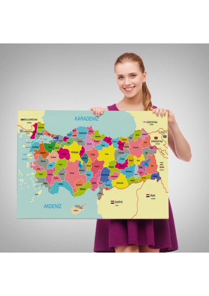 Eğitici Sınır Komşulu Türkiye Haritası, Harita Dekoratif Kanvas Tablo, Duvar Dekoru 3080