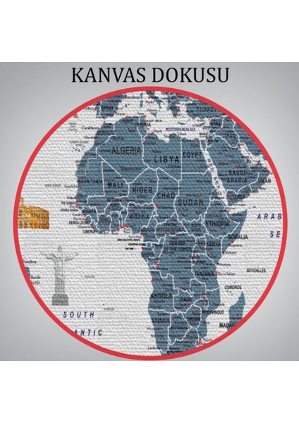 Detaylı Sembollü Bayraklı Ingilizce Dünya Haritası Dekoratif Kanvas Tablo, Duvar Dekoru 2841