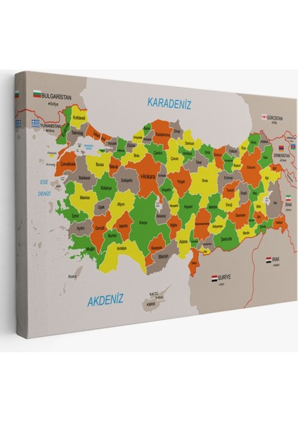 Eğitici Sınır Komşulu Türkiye Haritası, Harita Dekoratif Kanvas Tablo, Duvar Dekoru 3083