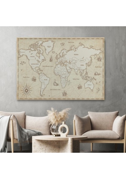 Eskitme Vintage Ingilizce Dünya Haritası Fantastik Dekoratif Kanvas Tablo, Duvar Dekoru 1075 fiyatları