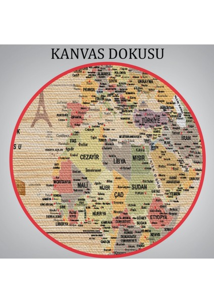 Ahşap Görünüm Sembollü Türkçe Dünya Haritası Dekoratif Kanvas Tablo, Duvar Dekoru 2925