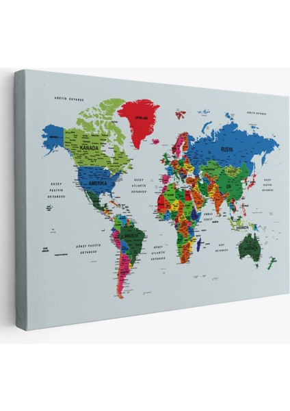 Renkli Zeminli Detaylı Türkçe Dünya Haritası, Harita Dekoratif Kanvas Tablo, Duvar Dekoru 1703