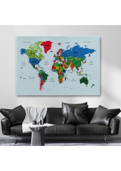 Renkli Zeminli Detaylı Türkçe Dünya Haritası, Harita Dekoratif Kanvas Tablo, Duvar Dekoru 1703 fiyatları