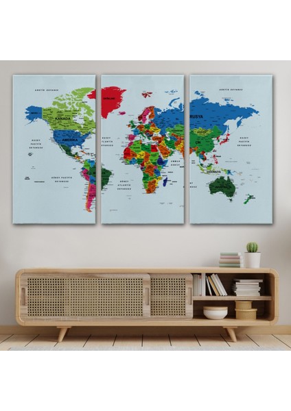 Renkli Zeminli Detaylı Türkçe Dünya Haritası, Harita Dekoratif Kanvas Tablo, Duvar Dekoru 1703 modelleri