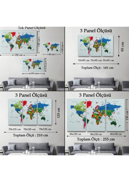 Renkli Zeminli Detaylı Türkçe Dünya Haritası, Harita Dekoratif Kanvas Tablo, Duvar Dekoru 1703 fırsatları
