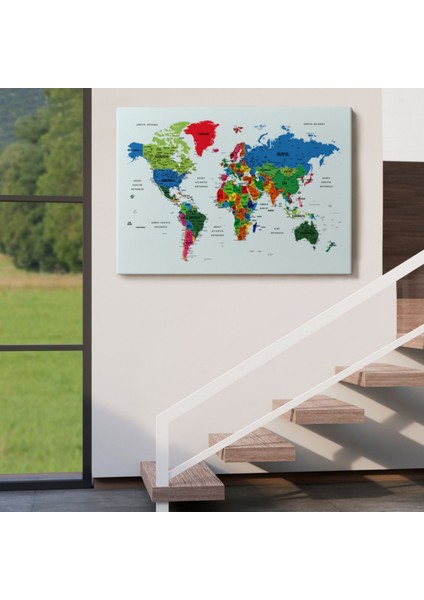 Renkli Zeminli Detaylı Türkçe Dünya Haritası, Harita Dekoratif Kanvas Tablo, Duvar Dekoru 1703 indirimleri
