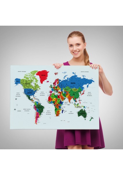 Renkli Zeminli Detaylı Türkçe Dünya Haritası, Harita Dekoratif Kanvas Tablo, Duvar Dekoru 1703