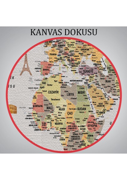 Ünlü Yerler Sembollü Detaylı Türkçe Dünya Haritası Dekoratif Kanvas Tablo, Duvar Dekoru 1747