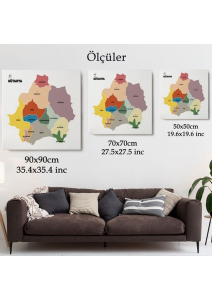 Il ve Ilçeler Haritası Kütahya, Modern Dekoratif Kanvas Tablo, Duvar Dekoru 1407 modelleri