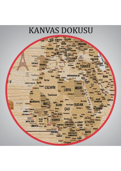 Ahşap Görünüm Sembollü Türkçe Dünya Haritası Dekoratif Kanvas Tablo, Duvar Dekoru 2945