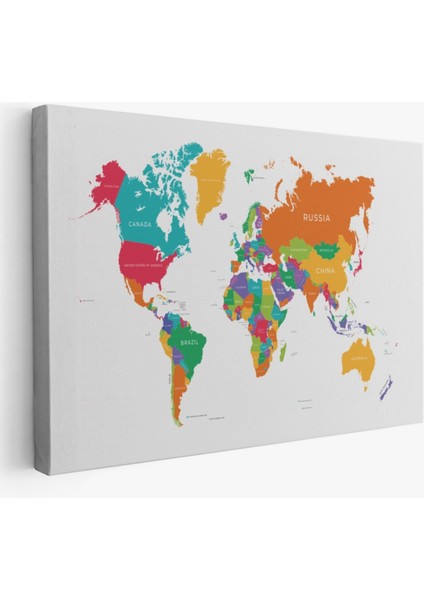 Beyaz Zemin Canlı Renkler Ingilizce Dünya Haritası Dekoratif Kanvas Tablo, Duvar Dekoru 1095