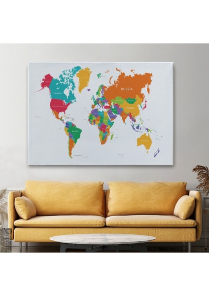 Beyaz Zemin Canlı Renkler Ingilizce Dünya Haritası Dekoratif Kanvas Tablo, Duvar Dekoru 1095 fiyatları
