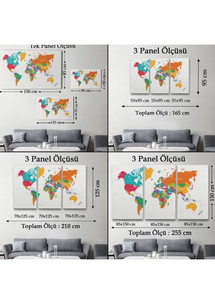 Beyaz Zemin Canlı Renkler Ingilizce Dünya Haritası Dekoratif Kanvas Tablo, Duvar Dekoru 1095 fırsatları