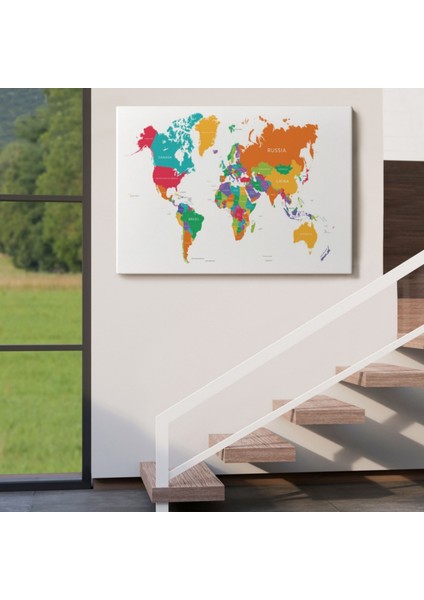 Beyaz Zemin Canlı Renkler Ingilizce Dünya Haritası Dekoratif Kanvas Tablo, Duvar Dekoru 1095 indirimleri