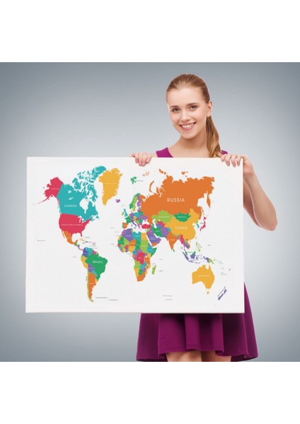 Beyaz Zemin Canlı Renkler Ingilizce Dünya Haritası Dekoratif Kanvas Tablo, Duvar Dekoru 1095