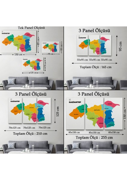Il ve Ilçeler Haritası Gaziantep, Modern Dekoratif Kanvas Tablo, Duvar Dekoru 1342 modelleri