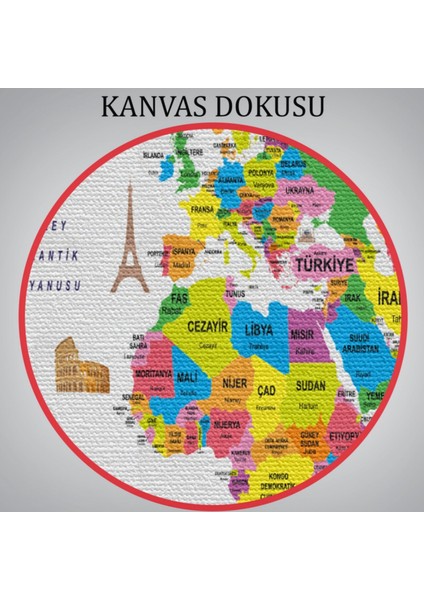 Ülke Başkentli Sembollü Eğitici Türkçe Dünya Haritası Dekoratif Kanvas Tablo, Duvar Dekoru 2272