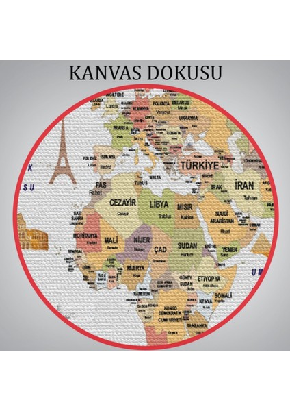 Ülke Başkent Sembollü Eğitici Türkçe Dünya Haritası Dekoratif Kanvas Tablo, Duvar Dekoru 2308