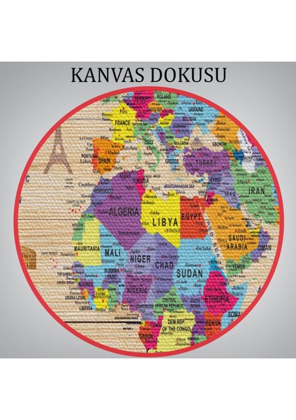 Ahşap Görünümlü ve Sembollü Ingilizce Dünya Haritası Dekoratif Kanvas Tablo, Duvar Dekoru 2904