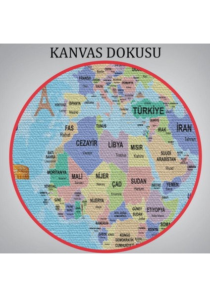 Sembollü ve Okyanuslu Eğitici Türkçe Dünya Haritası Dekoratif Kanvas Tablo, Duvar Dekoru 2460
