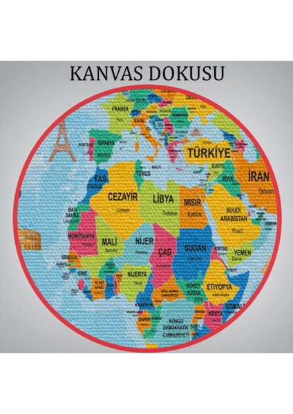 Sembollü ve Okyanuslu Eğitici Türkçe Dünya Haritası Dekoratif Kanvas Tablo, Duvar Dekoru 2472