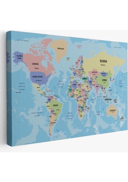 Ülke Başkentli Okyanuslu Ingilizce Dünya Haritası Dekoratif Kanvas Tablo, Duvar Dekoru 2233