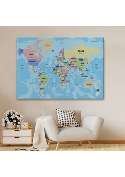Ülke Başkentli Okyanuslu Ingilizce Dünya Haritası Dekoratif Kanvas Tablo, Duvar Dekoru 2233 fiyatları