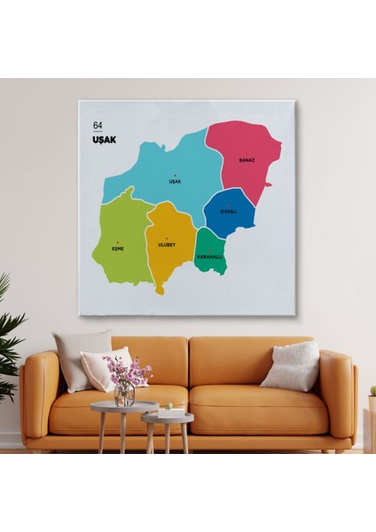 Il ve Ilçeler Haritası Uşak, Modern Dekoratif Kanvas Tablo, Duvar Dekoru 1475 fiyatları