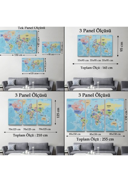 Ülke Başkentli Okyanuslu Ingilizce Dünya Haritası Dekoratif Kanvas Tablo, Duvar Dekoru 2233 fırsatları